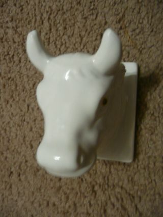 Vintage White Ceramic Cow Bull Head Towel Apron Holder Movie Prop Amber Eyes