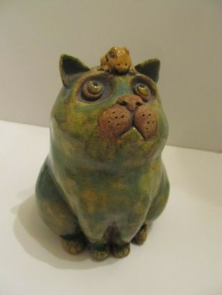 Silly Hand Made Fat Cat/kitty Pottery Figurine 2009 Signed
