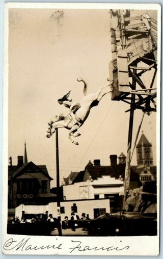 Vintage Rppc Photo Postcard Girl On Diving Horse " Marie Francis " 1908 Omaha Ne