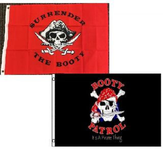 3x5 Booty Patrol Pirate Banner And Surrender The Booty Pirate Poly Flag Set Of 2