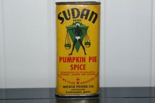 1951 Scarce Antique Sudan Brand Pumpkin Pie Spice Tin Cardboard Graphics; Tall