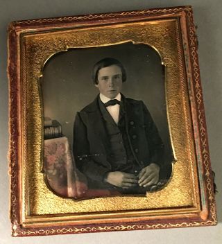 1/6 Plate Daguerreotype Young Man,  Book On Hand - Tinted Cloth,  Sharp,  Half Case