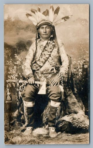 American Indian Chief W/ Tomahawk Antique Real Photo Private Postcard Rppc