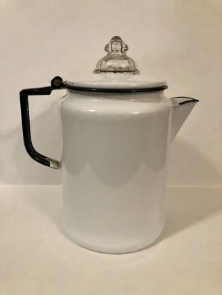 Vintage White W/black Enamel Coffee Percolator Pot Fire - King Glass Top
