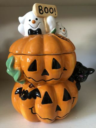 David’s Cookies Ceramic Halloween Pumpkin Jol Ghost Black Cat Cookie Jar 12”