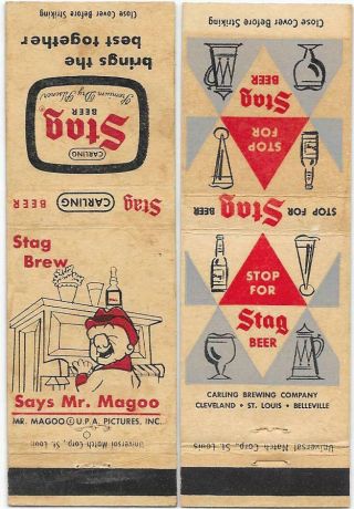 2 Stag Beer Matchbooks - Cleveland Oh - St.  Louis Mo - Belleville Il - Mr.  Magoo