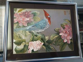 Vintage Japanese Silk Embroidery Picture Of Cardinal.