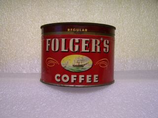 Vintage 1946 Folger ' s Coffee Can Tin Key Wind with Lid 1lb. 3