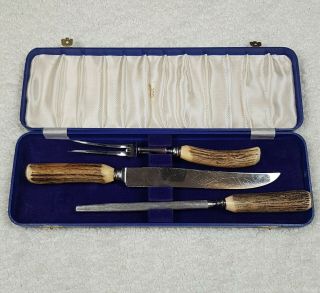 Vintage Birks Sheffield England Antler Handled Carving Set Stainless Knife Fork