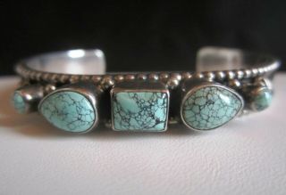 Vintage Pawn Navajo Sterling Silver Spiderweb Turquoise Row Cuff Bracelet
