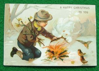 Victorian Xmas Card,  Little Birds [robins] Warming Themselves By Boy’s Fire