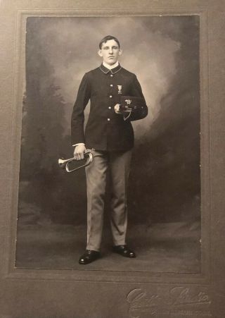Civil War Era Bugler In Uniform Cabinet Card.  Has Medal And Kepi Horn On Hat.