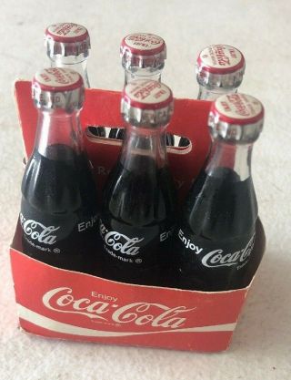 Vintage 6 - Pack Carrier Mini Miniature Glass Coke Coca - Cola Bottles Metal Caps