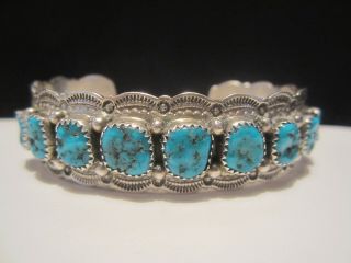 Vintage Pawn Navajo Sterling Silver Turquoise Row Cuff Bracelet Signed W.  M.