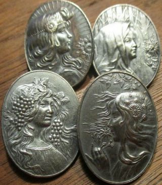 Rare 4 - 1940s French " The 4 Seasons " Oval Vintage Antique Metal Buttons