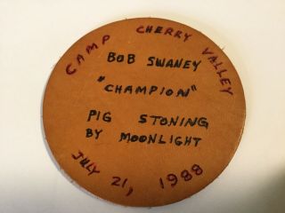 Boy Scout Camp Cherry Valley 1988 Pig Stoning By Moonlight Leather Patch 3 1/2”