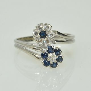 Vintage 14k White Gold Single Cut Diamond & Sapphire Bypass Flower Floral Ring
