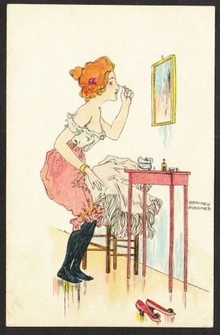 Postcard Raphael Kirchner Artist Signed Redhead Girl Applying Make - Up