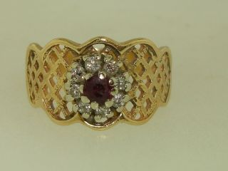 Vintage 14k Solid Gold Approx.  1/4 Ctw Ruby & Diamond Band Ring Sz 8 1/2