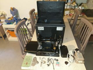 Singer 221k Featherweight Sewing Machine With Case Pedal And Attachments.  1950