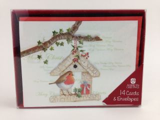 Christmas Cards Box Of 14 British Robin Red Breast Bird Winter Tree House 5x4 "