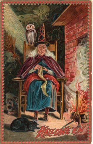 Halloween Postcard.  Raphael Tuck & Sons,  Series 160.  Witch Sitting On Chair.