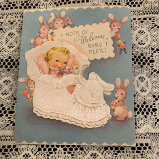 Vintage Greeting Card Congrats Baby White Bootie Bunny