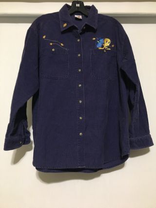 Vintage Looney Tunes Tweety Bird Large Corduroy Long Sleeve Button Up Shirt Blue
