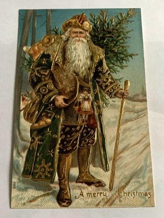 Vintage Christmas Postcard - Santa Claus Green Robe - Doll - Gold 980