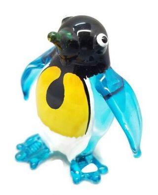 Blue Penguin Hand Blown Glass Miniature Figurine Bird Animal Art Hand Painted