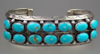 Vintage Navajo Or Zuni Old Pawn Solid Silver Turquoise Cabochon Cuff Bracelet