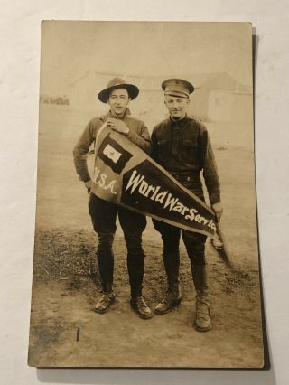 Wwi Rppc Soldiers In Uniform Holding Large World War Service Pennant Real Photo
