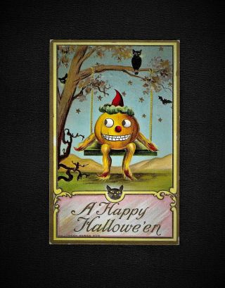Vintage Halloween Embossed Postcard Jol On Swing A Happy Halloween Cute