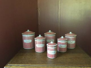 Vintage French Enamel Canisters - Red & White Graduated Canisters
