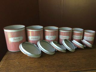 Vintage French Enamel Canisters - Red & White Graduated Canisters 2