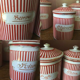 Vintage French Enamel Canisters - Red & White Graduated Canisters 3