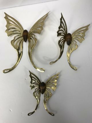 Vintage Set Of 3 Gold Tone Embossed Metal Butterfly Wall Hangings Wood Bodies