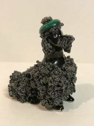Vintage Black Spaghetti Poodle Figurine With Green Hat
