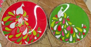 Lenox Canapes 2 Plates Red & Green " Festive Peacock " By Kate Spade Vtg
