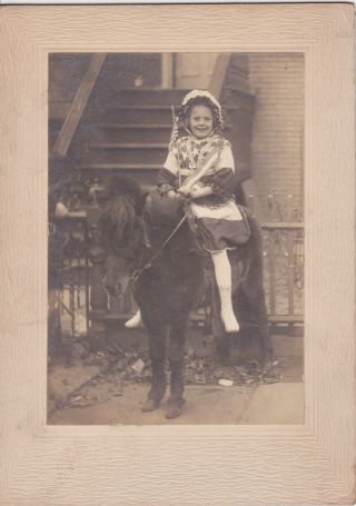Cabinet Card Sweet Little Girl On Pony With American Flag On City Street 1917