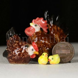 Brown Chicken Hen Rooster Cock W Chick Ceramic Pottery Animal Miniature Figurine