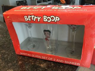 Betty Boop Martini Glass Set Of 2 Stemmed Glasses And Shaker Nwt