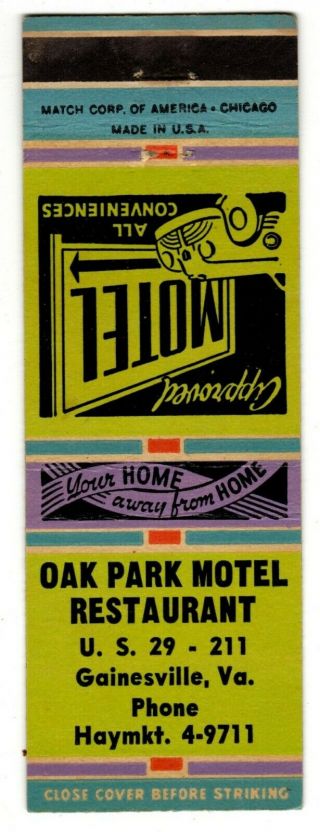 Oak Park Motel & Restaurant Vintage Matchbook Matchcover - Gainesville,  Virginia