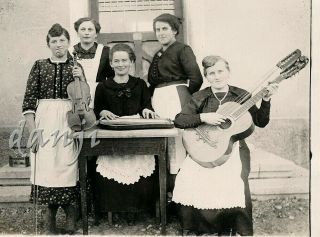 Apron Ladies Band With Violin,  Zither,  Double Neck Guitar Old Rppc Music Photo