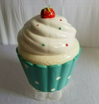 Cupcake Cookie Jar World Market Ceramic Teal White Frosting Lid 10.  5 " H X 8.  5 " W