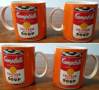 Block Art Andy Warhol Signature Campbell ' s Art 4 coffee mugs 2 Yellow & 2 Orange 3