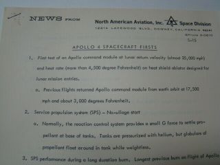 1967 Nasa Apollo 4 Spacecraft Firsts Press Release North American Rockwell Corp
