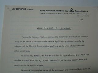 1967 Nasa Apollo 4 Mission Summary Press Release North American Rockwell Corp