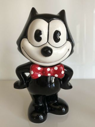 Vintage 1989 Felix The Cat Ceramic Coin Piggy Bank Red Bow Tie