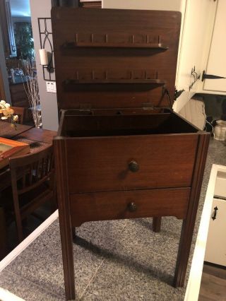 Vintage Wood Sewing Cabinet Table Finish - Lift Top Spool
